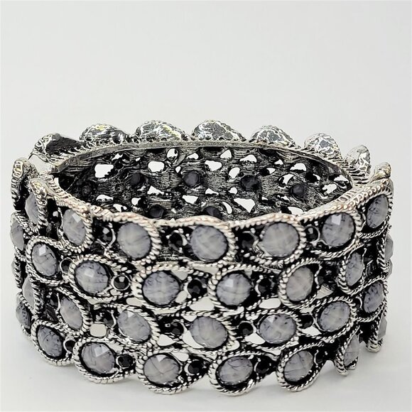 Sparkly Grey Jewel Stone Wide Cuff Bracelet Bangle - Picture 1 of 13